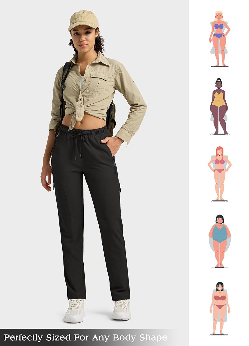 Willit Women’s Hiking Cargo Pants with 5 Zip Pockets Black+Regular 29"+Large