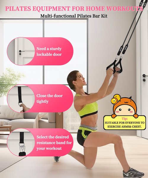 Multifunctional Portable Stackable Pilates Bar Kit with Resistance Bands, Door Anchor for Resistance Bands-Home Gym Equipment with Handles - Pilates Flexbands Supports Full-Body Workouts for Yoga Pink