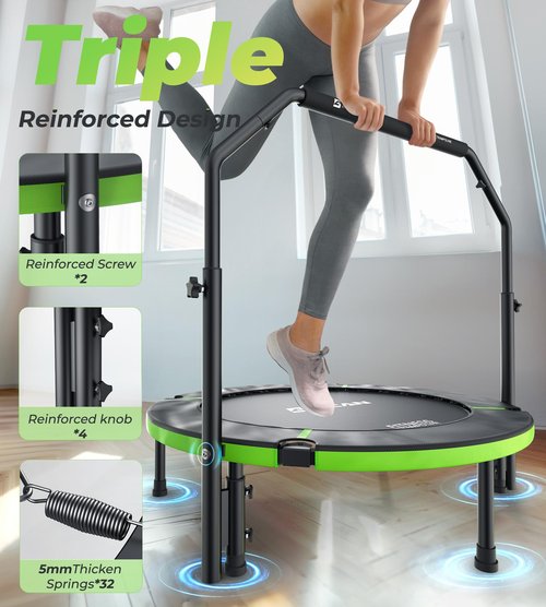 BCAN 40" Foldable Mini Trampoline, Rebounder Trampoline for Adults, Adjustable Foam Handle, Exercise Rebounder for Adults Indoor/Garden Workout, Max Load 330lbs, Green