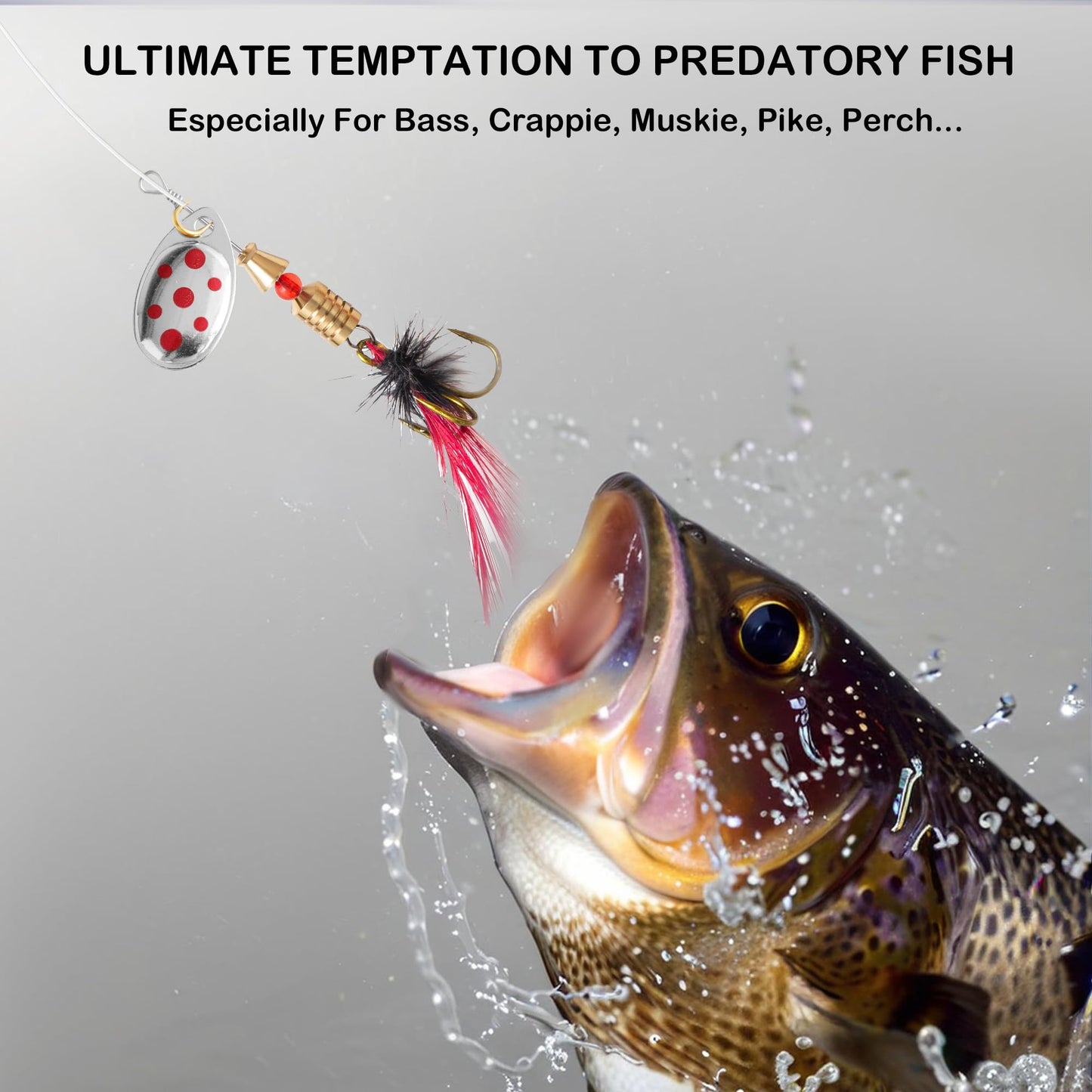 10PCS Rooster Tail Fishing Lures with Tackle Box, Spinner Bait with Flash Copper Body & Spoon, Freshwater and Saltwater Bait for Bass Crappie Walleye Trout, Swimming or Jigging