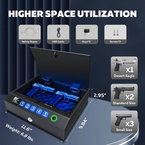 Gun Safe,Biometric Fingerprint Gun Safe for Handgun,USB Rechargeable Pistol Safe - Quick Access Handgun Safe for Firearm,Gun Lock Box With Interior Light For Nightstand,Car & Home Security