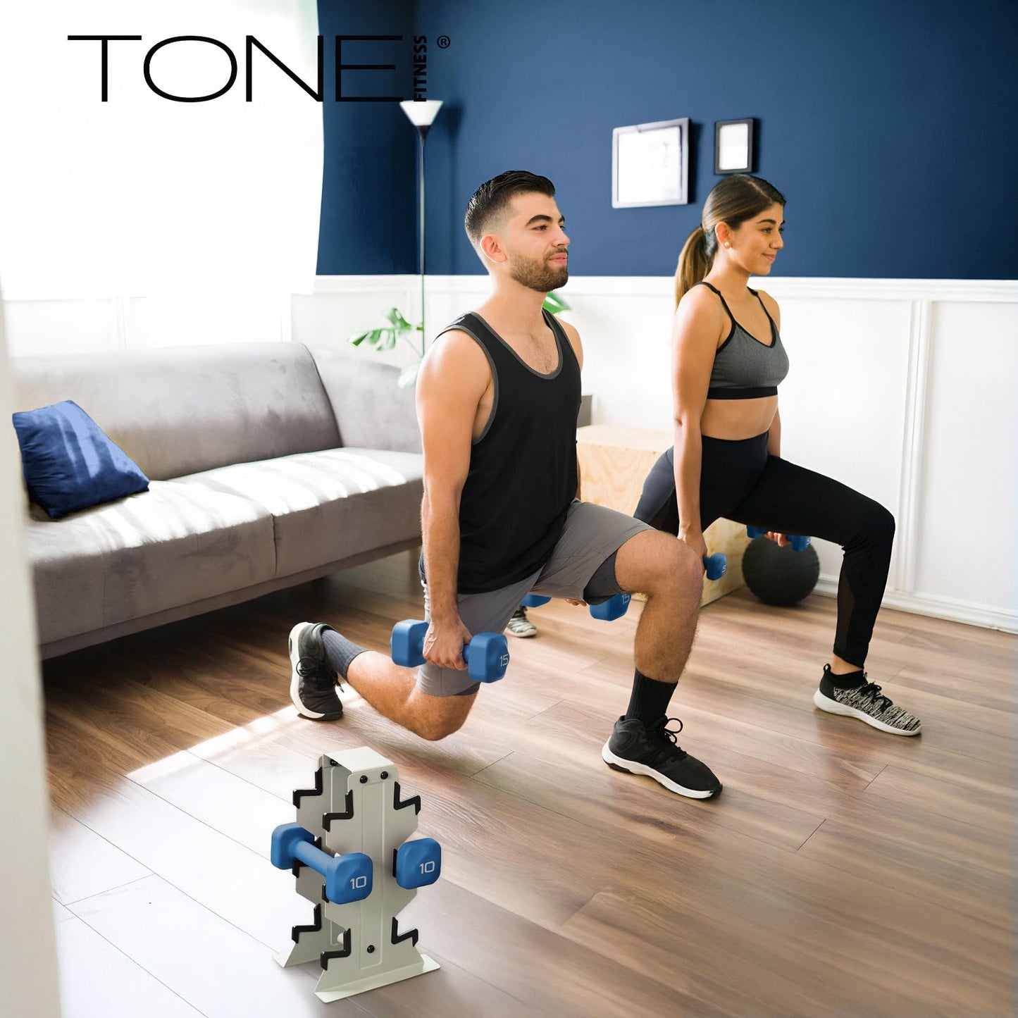 Tone Fitness 60 LB Neoprene Dumbbell Set with Storage Rack – Non-Slip, Anti-Roll Hand Weights for Home Gym Workouts | Light Gray Rack and Blue Dumbbells
