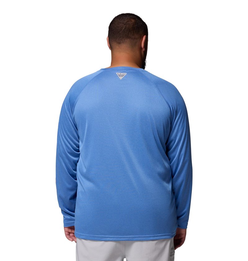 Columbia Men's PFG Terminal Tackle Long Sleeve Fishing Shirt, Vivid Blue Heather/Bright Nectar Logo, 5X Tall