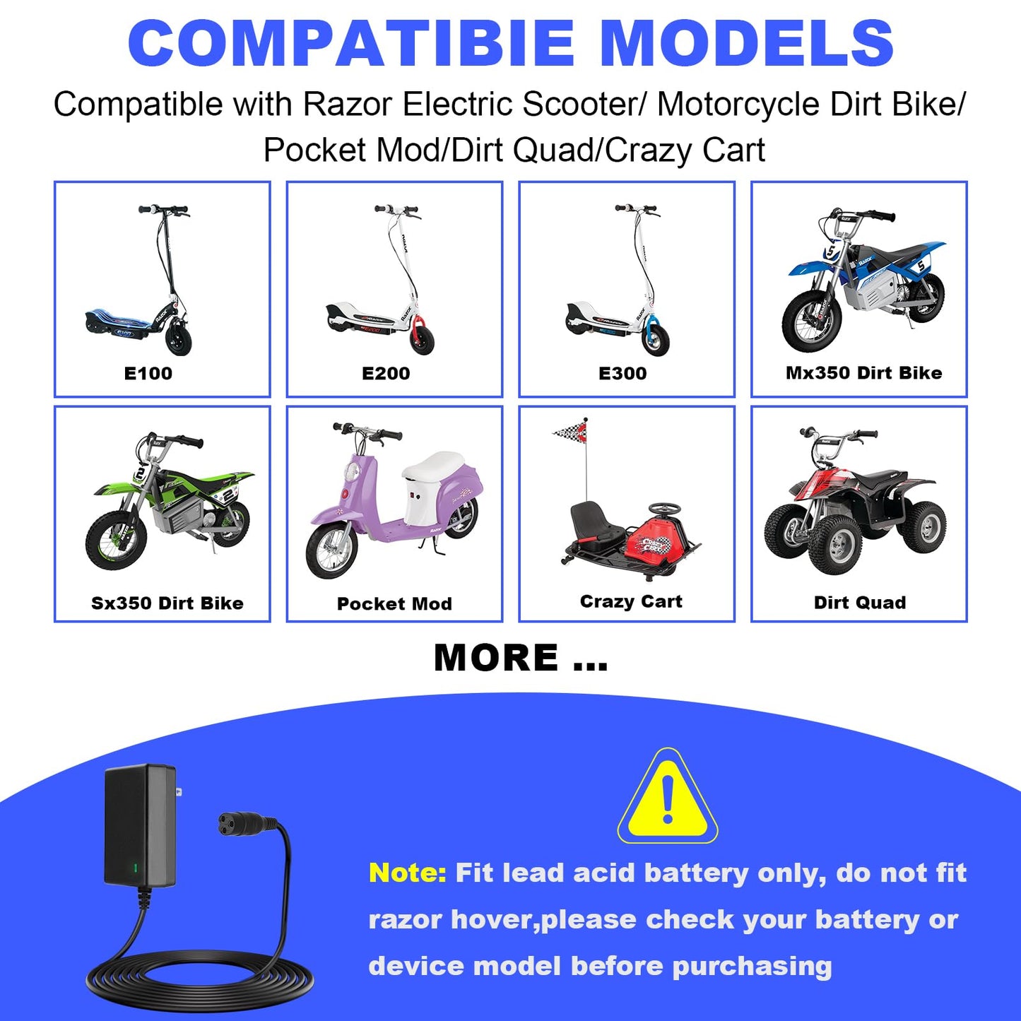 24V Electric Scooter Charger for Razor MX350 Dirt Bike MX400 Dirt Rocket PR200, E100 E200 E300 E500 Dirt Quad Pocket Mod Sports Mod Motorcycle 24V 2000mA Electric Battery Charger