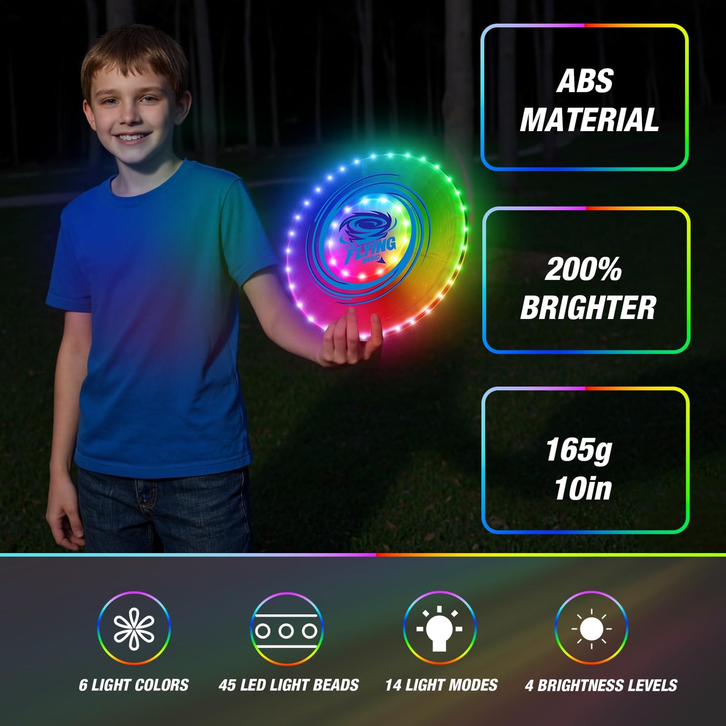 HYES 2 Pack Light up Flying Discs for Kids, 45 LEDs, 14 Lighting Modes, Rechargeable Glow in The Dark Flying Ring for Beach, Summer Camping, Outdoor Game, Sport Toys Gift for Teens Boys Adult