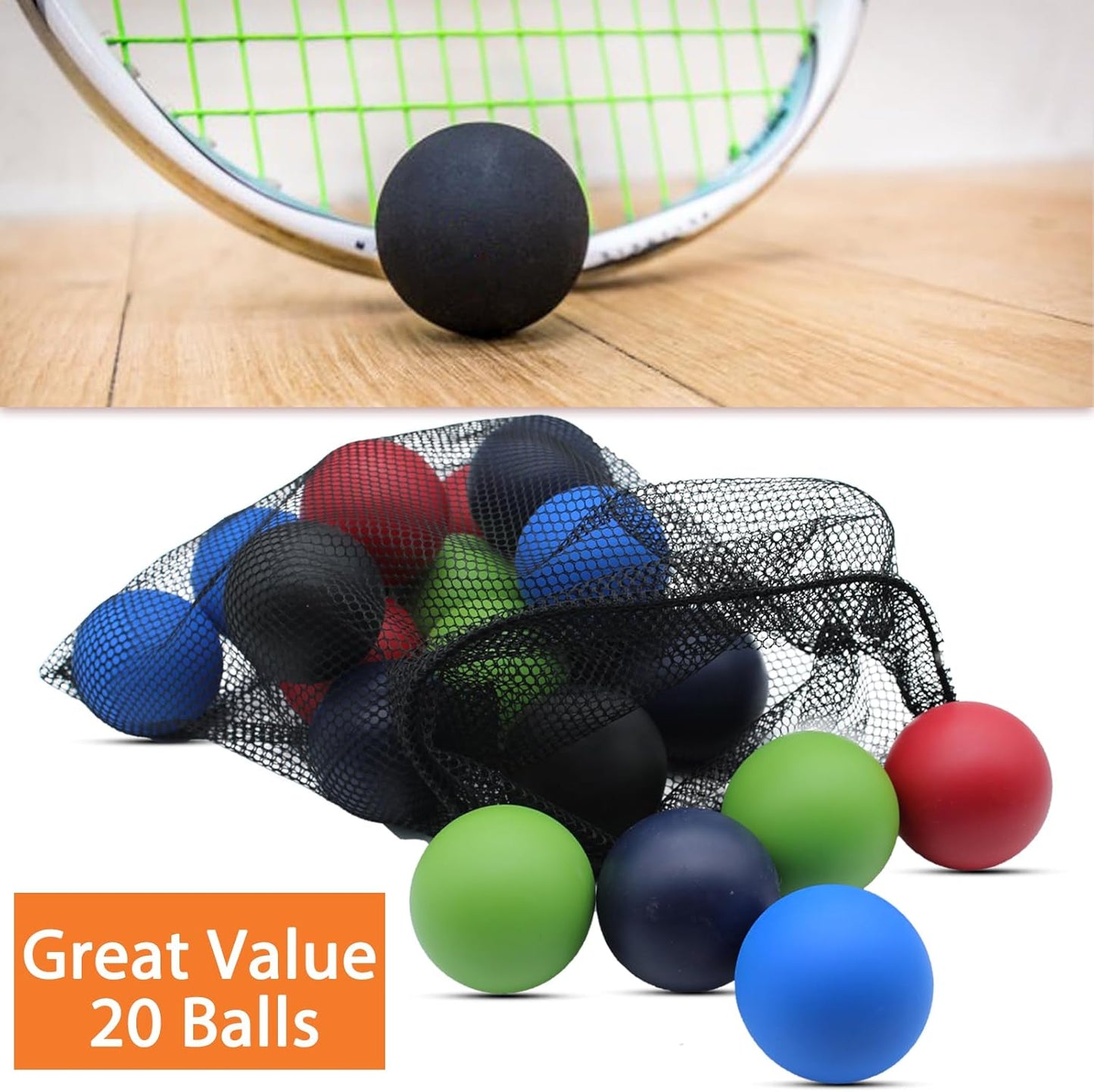 20 Pack Racquetball Multi Colored Racquetballs High Bounce Rubber Racquetballs with a mesh Bag