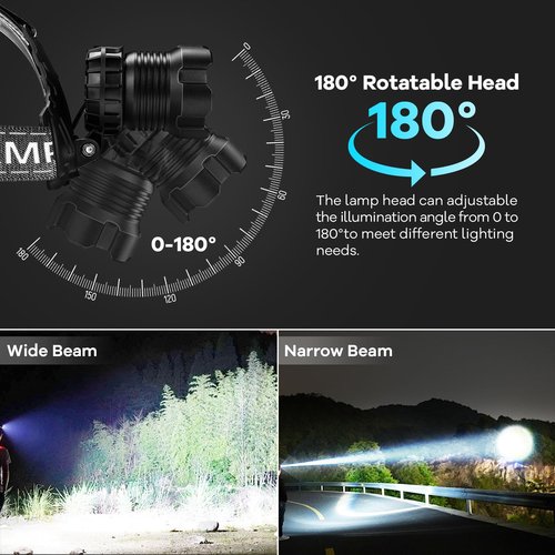 AURASEASON LED Rechargeable Headlamp 90,000 High Lumens, Super Bright Head Lamp with 3 Modes & IPX7 Waterproof USB Headlamps, 180° Adjustable Headlight for Outdoor Camping, Running, Climbing
