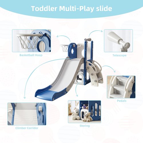 CuFun Toddler Slide Kids Climber Slides Baby Slider for Toddler Age 1-3,L Shaped Indoor Outdoor Playground Playset with Basketball Hoop, Storage, Telescope Toy Easy Assembly Gift for Boys and Girls