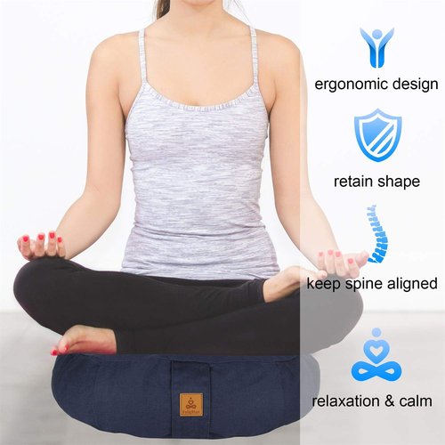 Crescent Zafu Meditation Pillow, 44 x 28 x 14 cm, Zabuton Yoga Bolster, Meditation Cushion, Floor Pouf, Yoga Pillow, Zippered Organic Cotton Cover, Natural Buckwheat, Kneeling Pillow Large-Navy Blue
