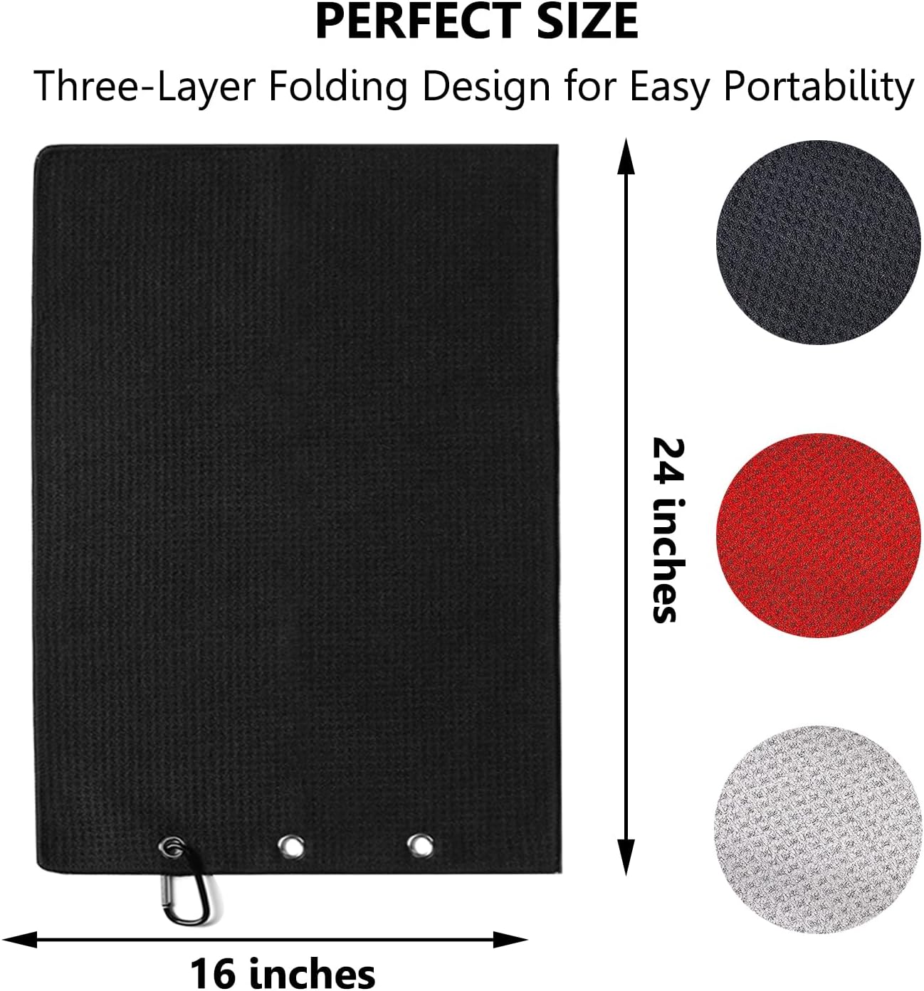 3 Pack Large Golf Towels, 16" x 24" Tri-Fold Portable Microfiber Fabric Waffle Pattern Golf Towel for Golf Bag with Carabiner Clip to Quickly Remove Sand, Mud, Dirt and Sweat