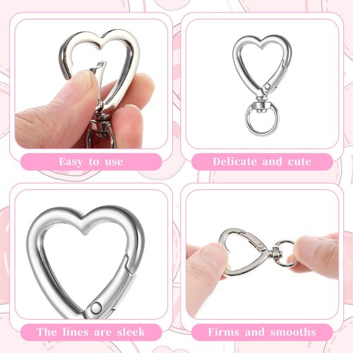 20 Pcs Metal Heart Keychain Clip Sliver Heart Carabiner Clips for Keys, DIY Creative Design Hanging Buckle Key Ring Spring Snap Keychain Clip Snap Hook Keychain Clip for Wristlets Holders and Keychain