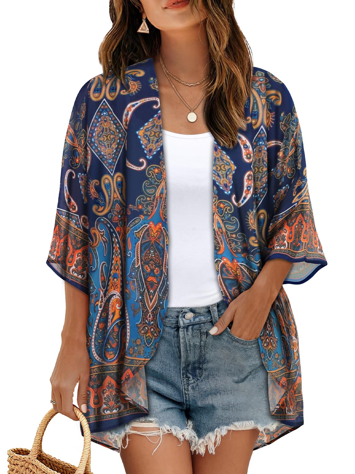 Women's Floral Kimono Print Puff Sleeve Loose Cardigan Cover Up Casual Blouse Tops (Blue Orange Bohemia, M)
