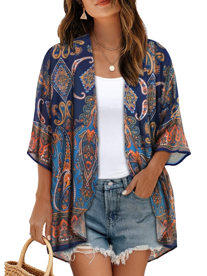 Women's Floral Kimono Print Puff Sleeve Loose Cardigan Cover Up Casual Blouse Tops (Blue Orange Bohemia, XL)