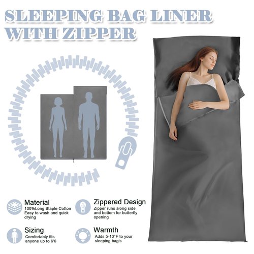 BREENHILL Sleeping Bag Liner,Long Staple Cotton, Adult Sleep Sack & Travel Sheets,Travel Sleep Sack for Backpacking, Hotels & Hostels Lightweight Travel Sheet Camping Sheets,Has Full Length Zipper
