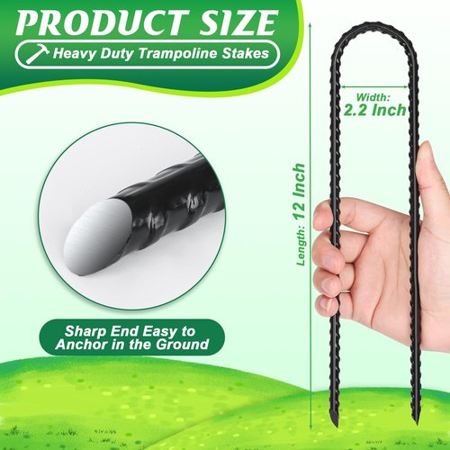 Gtongoko 12 Pack Trampoline Stakes Anchors High Wind, 12 Inch Ground Anchors Heavy Duty, Trampoline Tie Down Anchor Kit, Ground Stakes Galvanized Steel, U Shaped, Black
