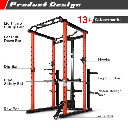 RitFit Power Cage with LAT Pull Down and 360° Landmine, 1000LB Capacity Power Rack Full Home Gym for Weightlifting, Come with J-Cups,Dip Bars and Other Attachments (2023 Version PPC02)-Orange