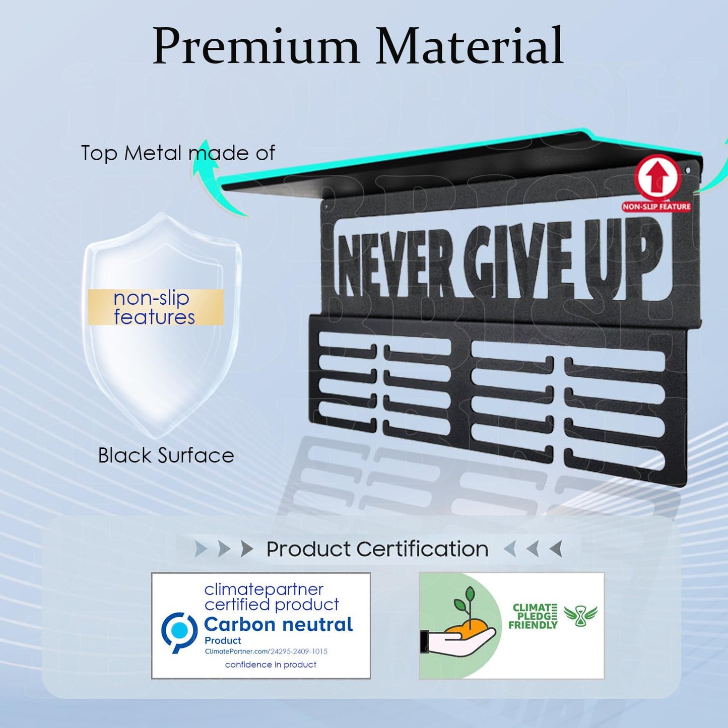 iBobbish Non-Slip Medal Hanger Display Trophy Shelf,NEVER GIVE UP Medal Hanger Display For Wall with 16inchL 4 Rows,Race Medal Display Upgraded Medal Holder Display For gymanstics,race,soccer,swim
