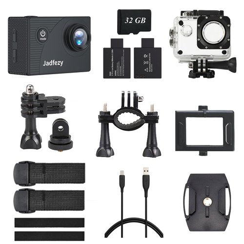 Jadfezy Action Camera FHD 1080P with 32GB Card, 98FT/30M Underwater Waterproof Camera with 2 Rechargeable Batteries, Wide Angle Sports cam with Accessories Kit Suitable for Helmet, Bicycle, etc.