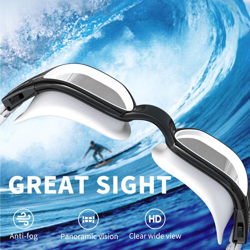 Whale Polarized Swim Goggles, GE Anti-Fog Anti-UV Protection No Leaking Swimming Pool Goggles for Men, Women, and Youth ((Polarized) Classic black and white + Glamour silver)