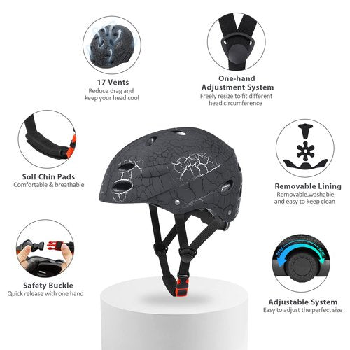 Skateboard Helmet Kids, Adjustable Skating Helmet,Breathable ABS Hard Shell Scooter Helmet for Multi-Sport Skateboarding Roller Skate BMX Boys Girls Ages 5-14 Children and Teens