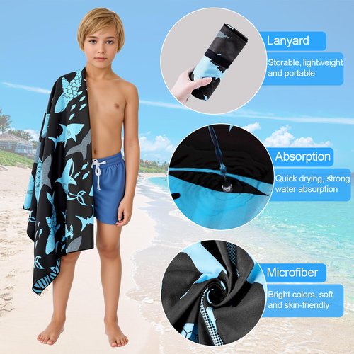 MelonBoat Large Microfiber Beach Towel: Large Bright Cyan Shark Beach Towel for Travel, Super Absorbent Quick Dry Sand Free, Lightweight Compact for Kids Trip Vacation Bath Camping Pool Swim, 1 Pack