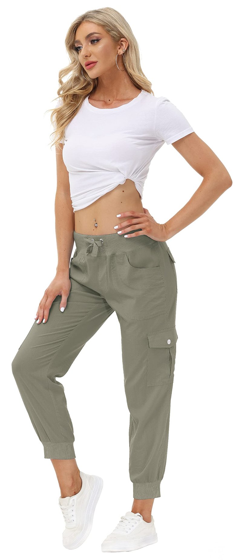 MoFiz Women's Hiking Pants Cargo Joggers Sweatpants with Pockets Lightweight Quick Dry Outdoor Summer Casual Athletic Elastic Waist Grey Khaki XL