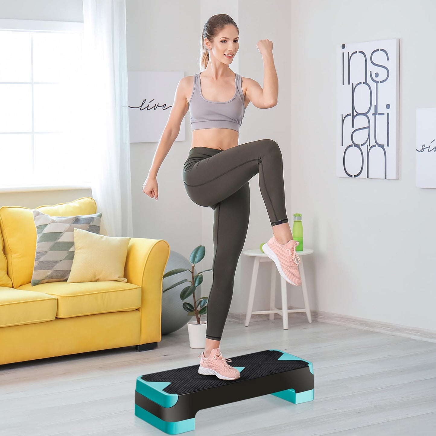 26.5 Inch Aerobic Exercise Step Platform for Home Gym, 4” 6” 8”Adjustable Risers for Home Gym Fitness Workout, Stepper Step Trainer, Green