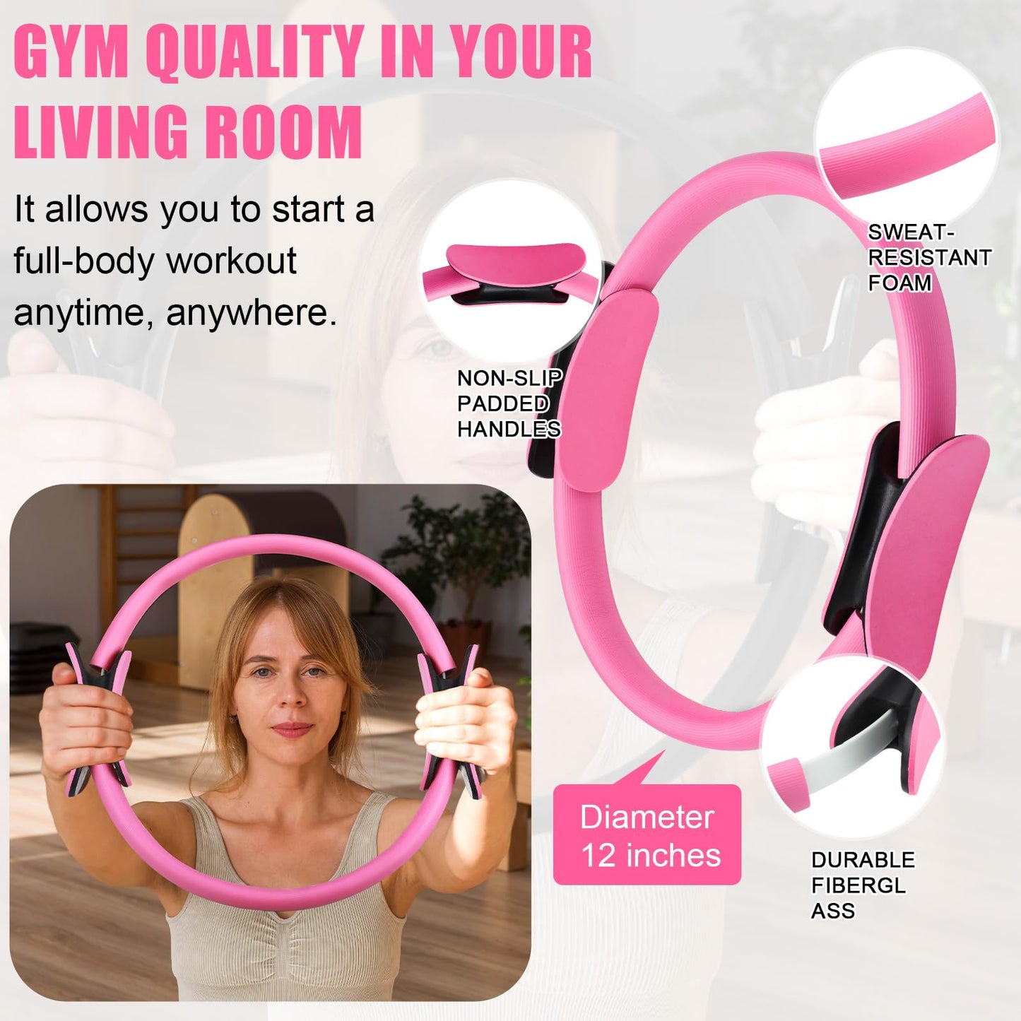 10 Pcs Pilates Ring Set for Women Home Yoga Equipment Accessories Pilates Ring Circle and Ball Workouts Gift Include Ball Yoga Circle Resistance Bands Block Straps Gym Bag(Pink)