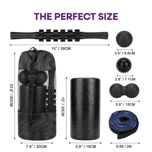 6-Piece Foam Roller Massage Set – Deep Tissue Muscle Recovery Kit with Massage Stick, Massage Balls & Stretch Strap – Includes Carry Bag – Black/Blue