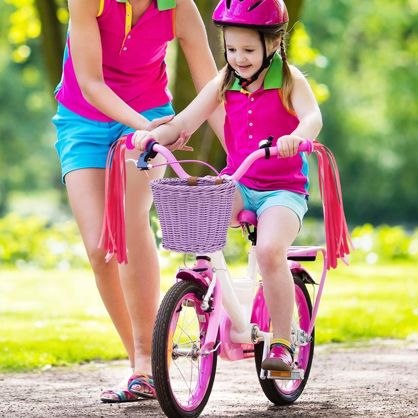 2Pcs Kids Bike Handlebar Streamers Tassels Gradient Pink Scooter Bicycle, Tricycle Handle Bar Grips, Bike Bell Accessories, Colorful Ribbons for Kids and Girls Boys