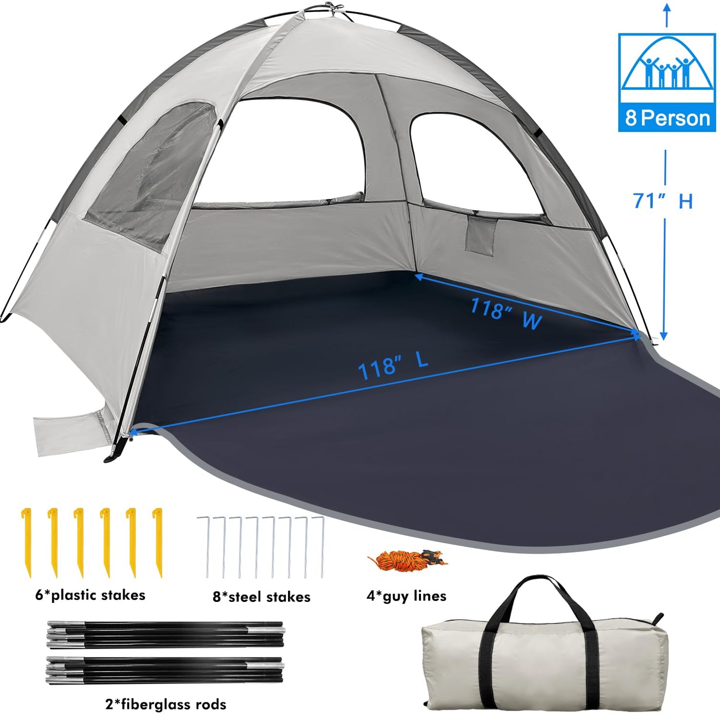 WhiteFang Beach Tent Anti-UV Portable Sun Shade Shelter for 8 Person, Extendable Floor with 3 Ventilating Mesh Windows Plus Carrying Bag, Stakes and Guy Lines (Baby's Breath)