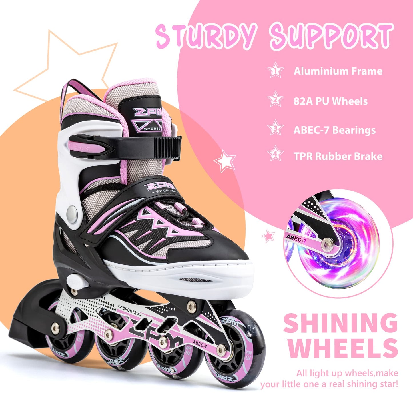 2PM SPORTS Cytia Pink Girls Adjustable Illuminating Inline Skates with Light up Wheels, Fun Flashing Beginner Roller Skates for Kids