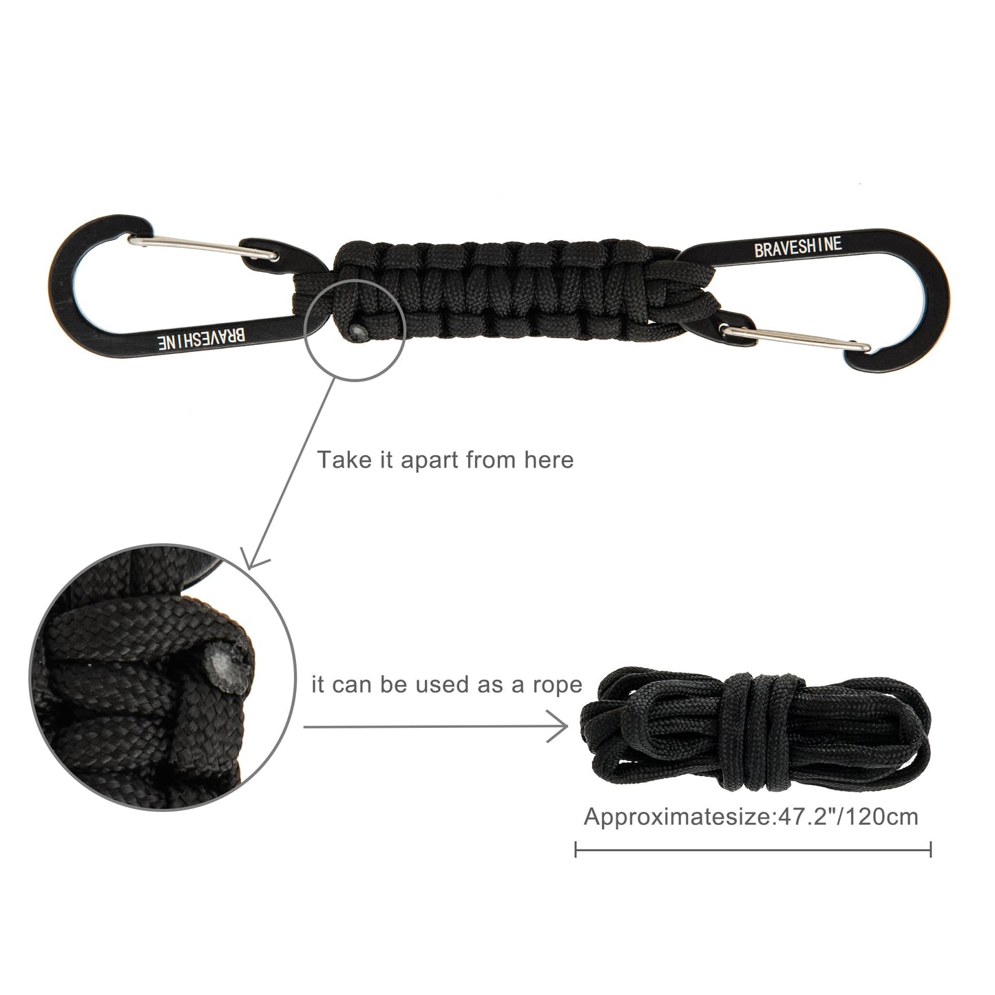 BRAVESHINE 2 Pack Purple Paracord Keychain Hook Carabiner Clips, Lanyard Hanger with D Ring Hooks Heavy-Weight Stroller Hook Holder for Water Bottle, Key, Backpack, Tools, Boys, Girls, Men, Women