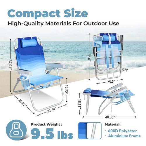 Tall Beach Chairs for Adults – 5-Position Reclining Backpack Chair with Large Insulated Cooler & Storage Pocket, Aluminum Frame, Portable for Travel & Outdoor, Supports 300lbs, Wave Blue