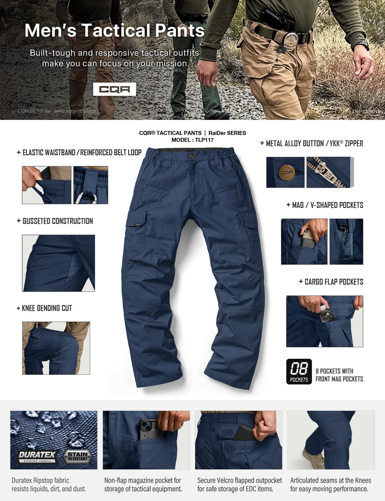 CQR Men's Tactical Pants, Water Resistant Ripstop Cargo Pants, Lightweight EDC Work Hiking Pants, Outdoor Apparel, Raider Midnight Blue, 38W x 32L