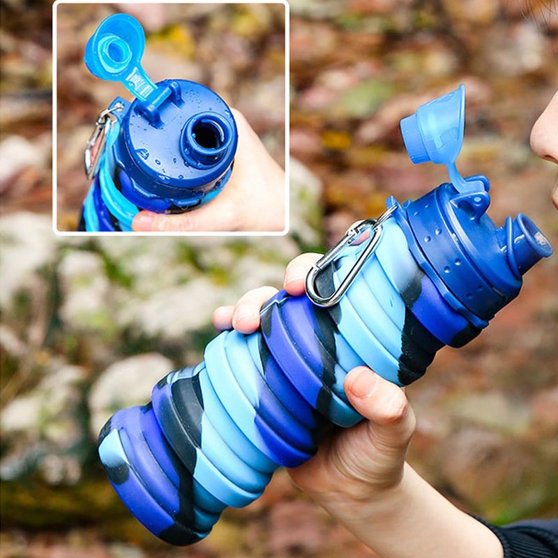 YCTMALL Collapsible Water Bottles Two Pack Travel Sports Portable Sport Water Bottle comes with mountaineering Buckle 500ml silicone Water-proof camping water bottle (Blue and Grey Color)