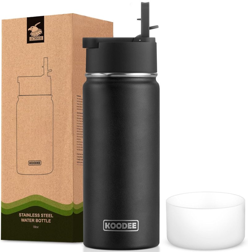 koodee Insulated Water Bottle, 18 oz Stainless Steel Vacuum Wide Mouth Sports Water Bottle with Leak Proof Straw Lid (Black)