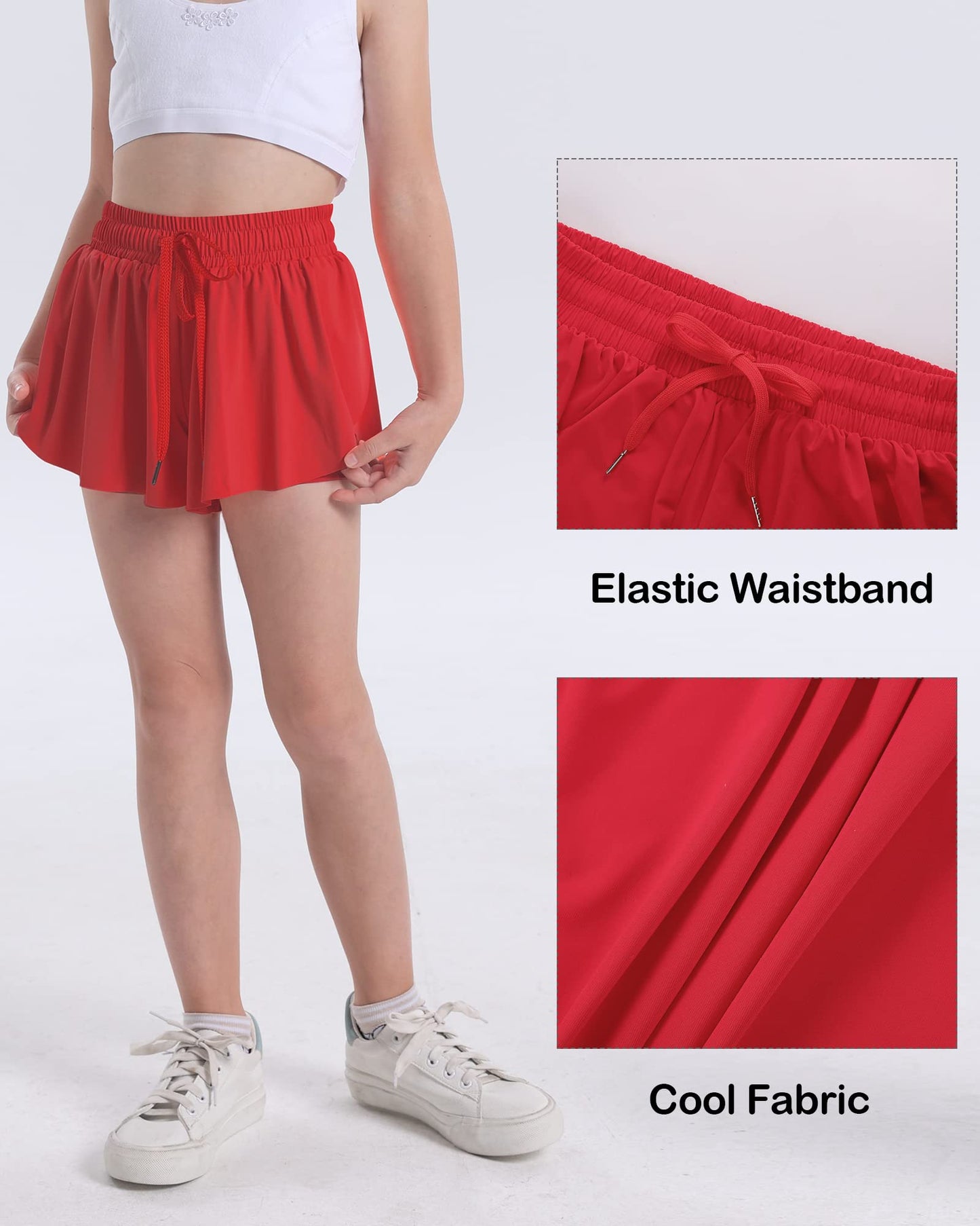 KEREDA Girls Flowy Shorts,Butterfly Shorts for Teen Girls with Spandex Liner 2-in-1 for Running,Gym,Athletic,Workout 1 Pack 9-10Y (Red)