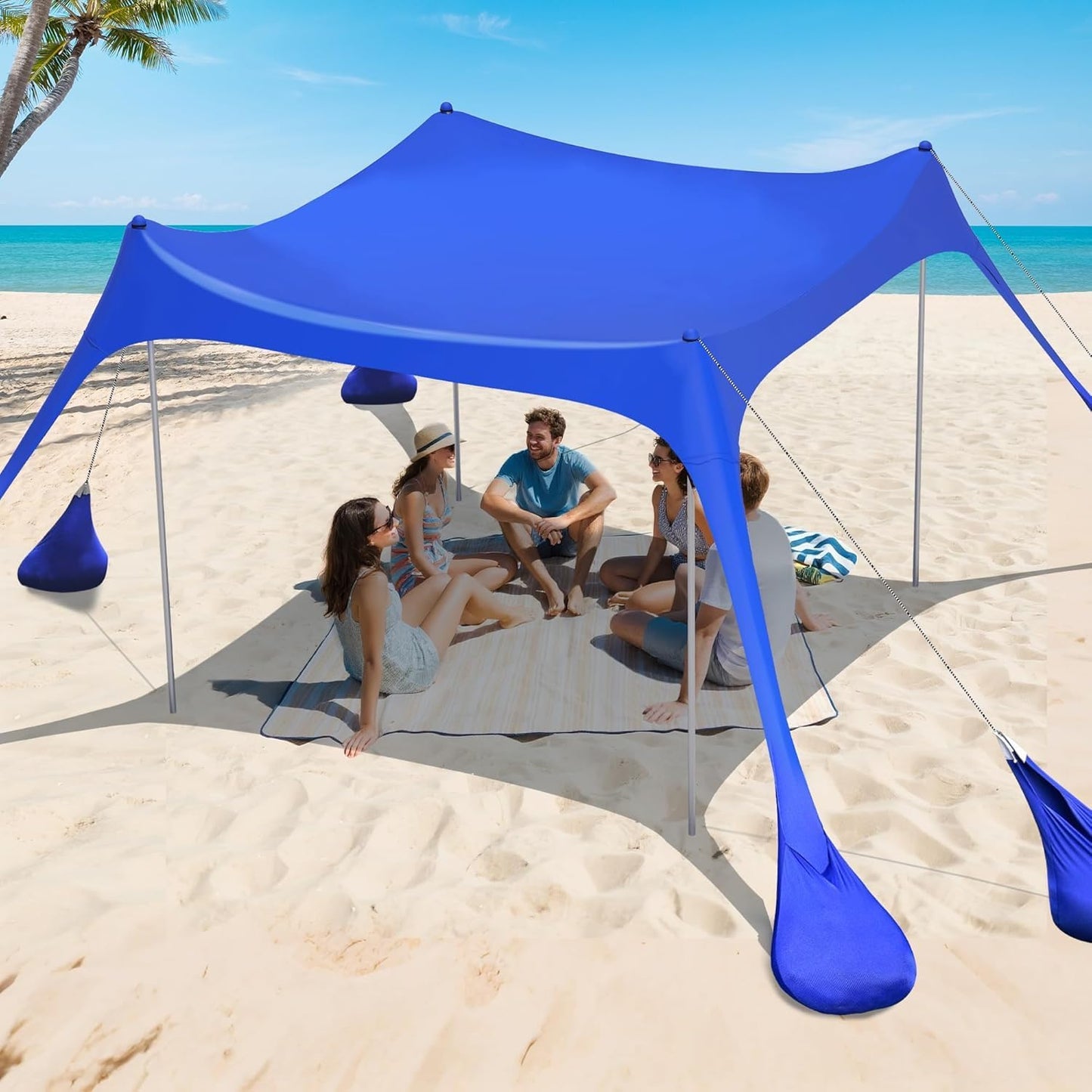 2PM SPORTS Beach Tent Canopy with UPF50+ UV Protection, Outdoor Large Beach Sun Shade Shelter for Family Picnic Camping Travel Shore Fishing, 8 Sandbags, Sand Shovel (Navy Blue, 10x10 FT)