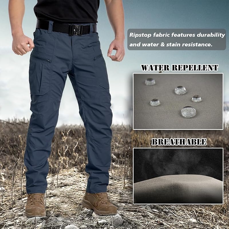 Carwornic Men’s Ripstop Cargo Tactical Pants - Water-Resistant, 8 Pockets, Blue 34W x 32L
