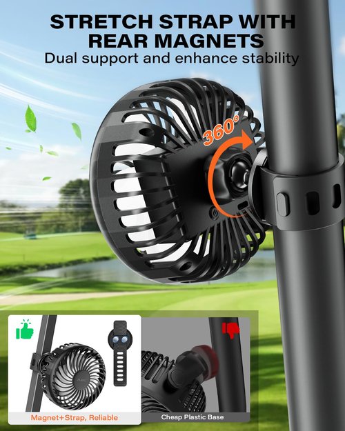 A2C 2-Pack Rechargeable Golf Cart Fan, 3 Speed Settings, 360° Rotation, Portable 4000mAh Battery Cooling Fan for EZGO, Club Car, Yamaha, Forklifts, Lawn Mowers, Fits 0.5"-1.5" Bars (2)