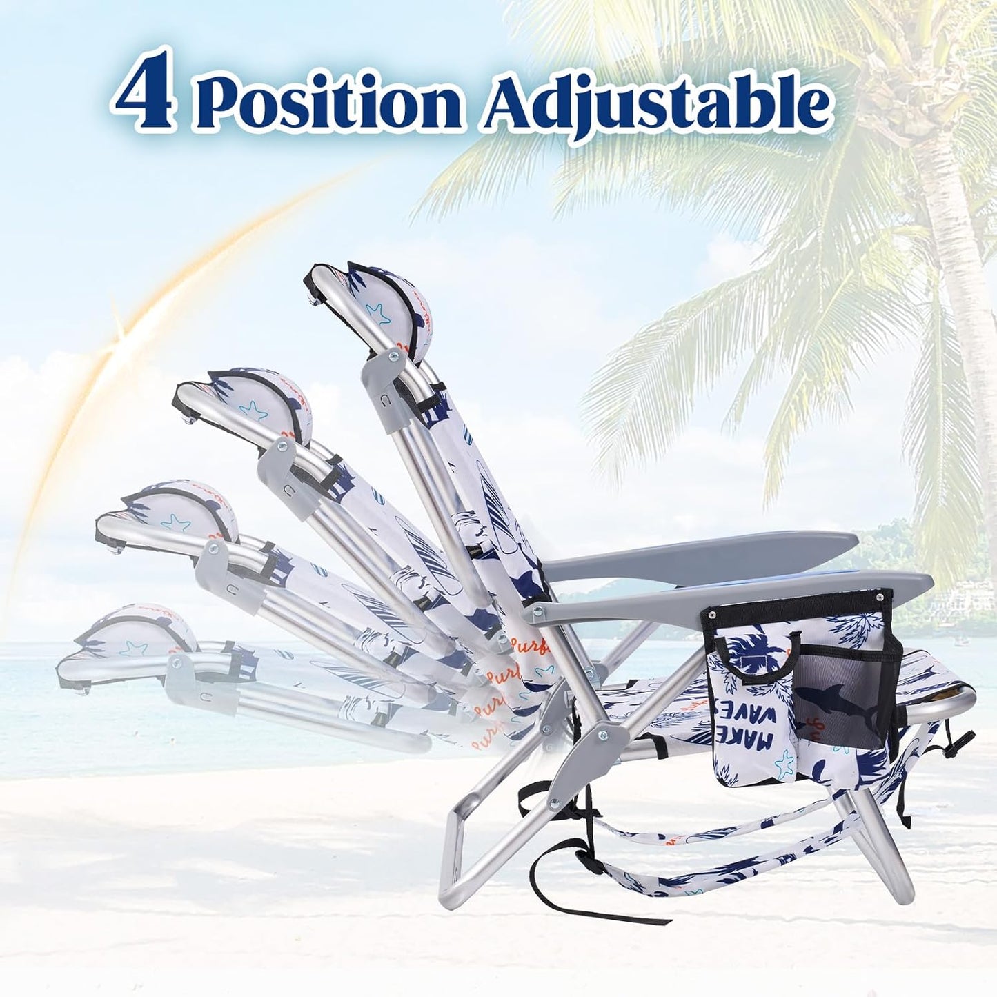 2 Pack Lightweight Portable Camping Beach Chair for Adults, Outdoor Lay Flat Folding Beach Chairs with 5 Positions, Backpack Beach Chair with Towel Bar, Zipper Pouch, Cup Holder, Ocean Striped