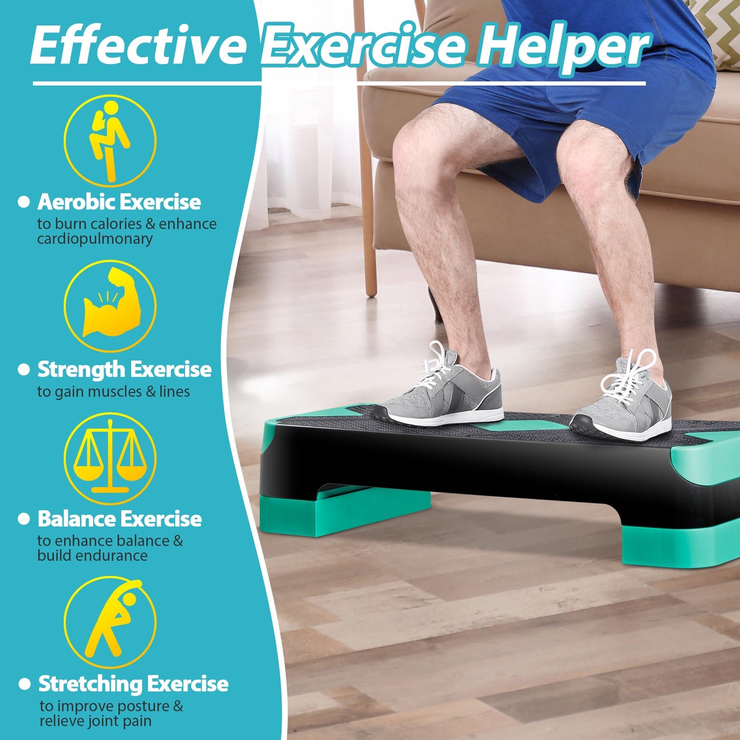 26.5 Inch Aerobic Exercise Step Platform for Home Gym, 4” 6” 8”Adjustable Risers for Home Gym Fitness Workout, Stepper Step Trainer, Green
