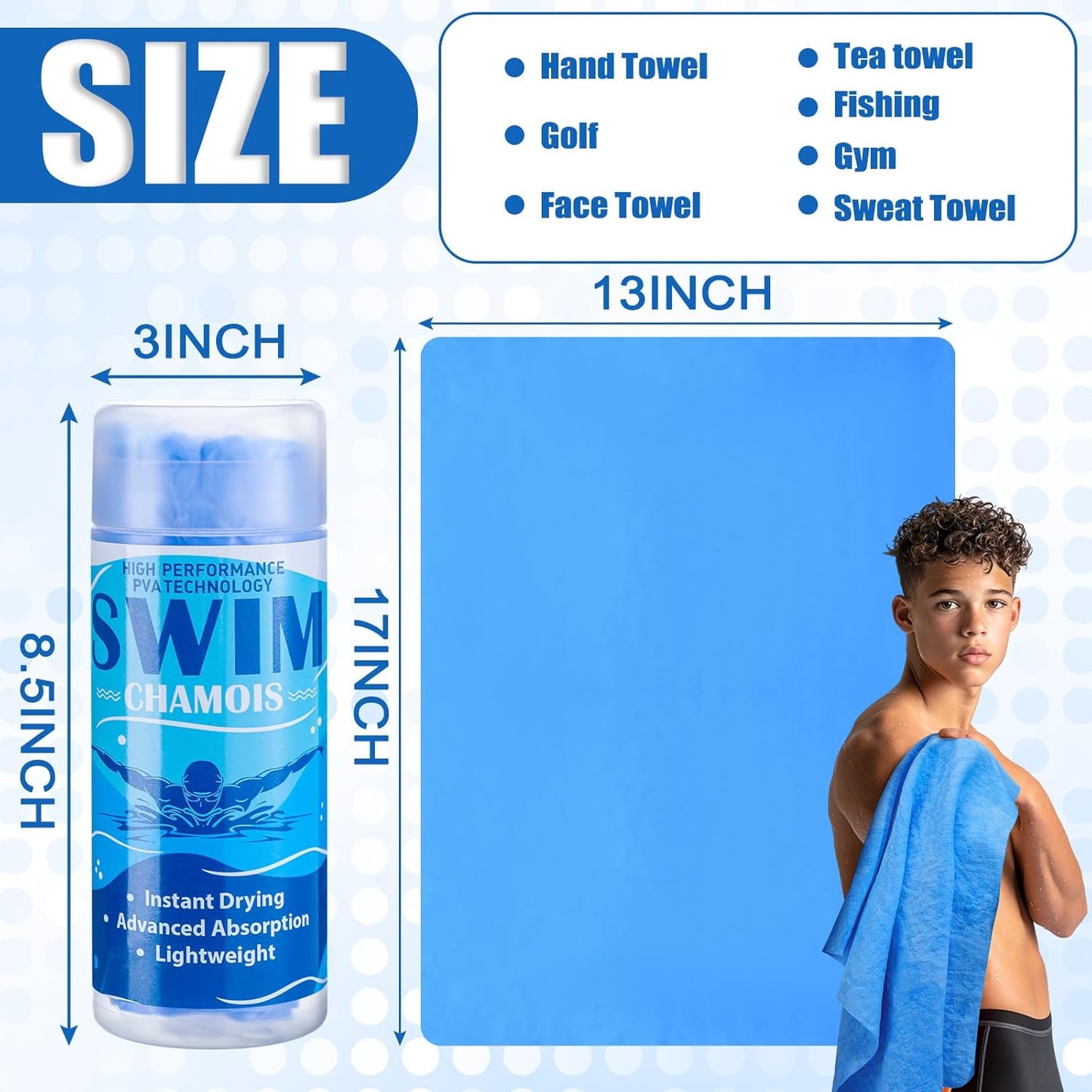 2 Pack Swim Chamois Towel Water Absorbent Quick Dry Towel Shammy Chamois Cloth for Swimming Car Drying Diving Water Sports Beach Shower Pool Swimmer Gift, 13 x 17 Inches