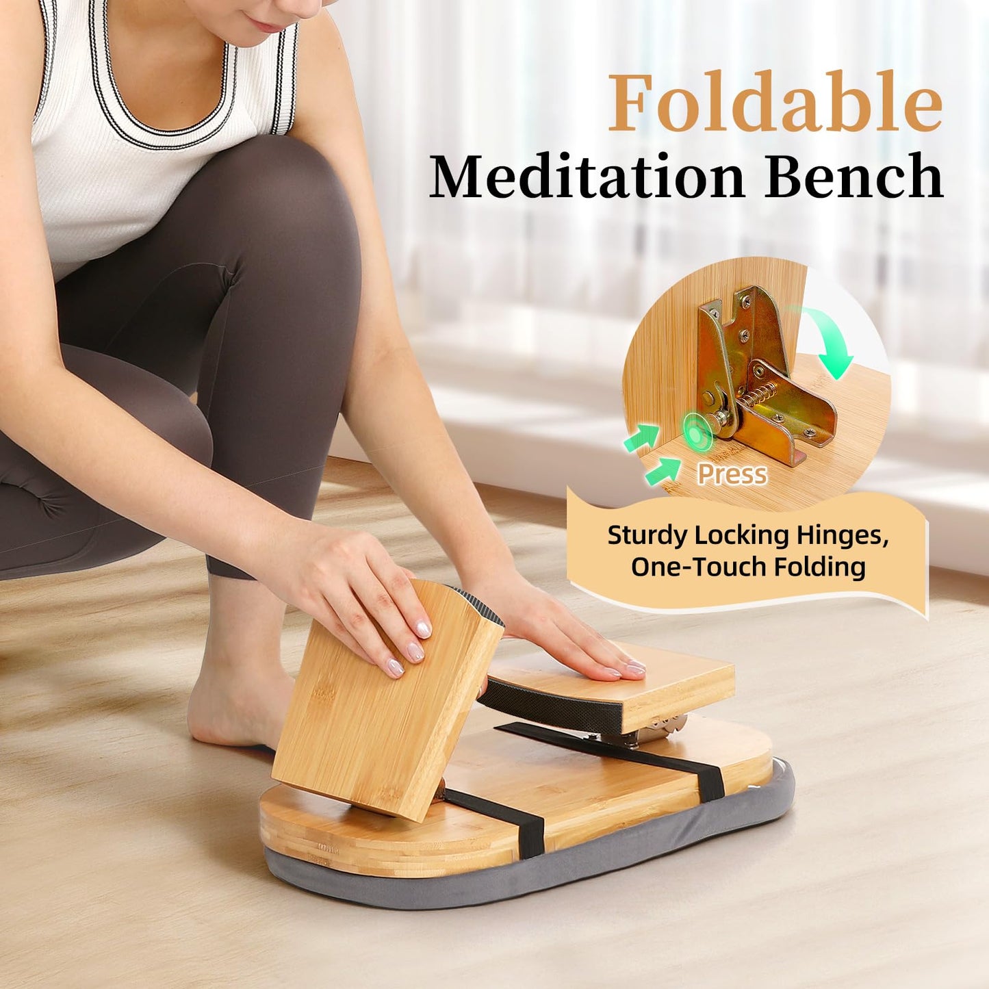JFNoraiva Meditation Bench, Folding Meditation Chair with Cushion, Bamboo Meditation Stool with Anti-Slip Mat, Adjustable Yoga Stool with Curved Bottom Edges, Prayer Bench