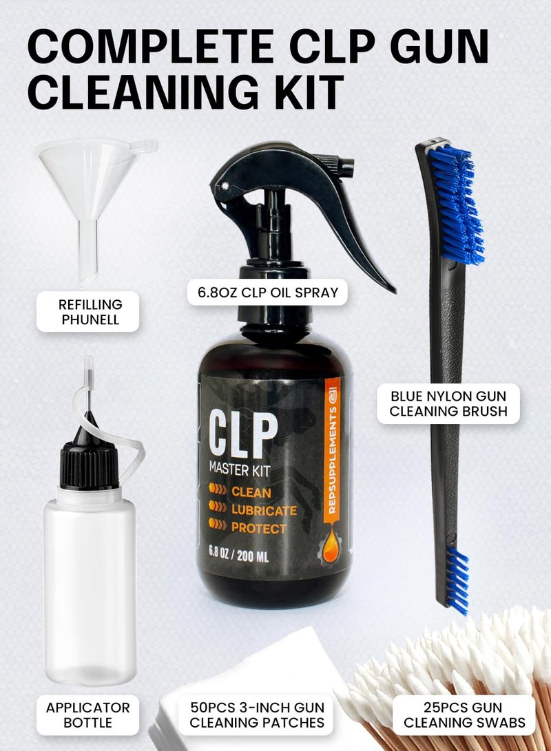 Gun Cleaning Oil Kit 3-in-1 Cleans, Lubes, Protects - 6.8 Oz Sprayer Gun Cleaner and Lubricant, Needle Oiler, Cleaning Patches, Cleaning Swabs and Brush - Gun Oil and Cleaning Kit