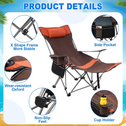 Yuntau 2 Set Reclining Camping Chair with Umbrella Clamp, Adjustable Beach Chair with Foot Rest, SPF 50+, Folding Shade Camping Lounger Recliner for Adult Outdoor(Orange,Green,Oxford)