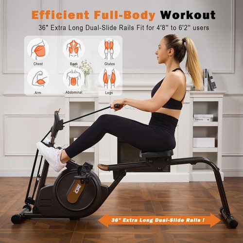 BSJ BESTGYM 3 in 1 Rowing Machine, Dual Slide Rail 6-Level Adjustable Height with Max 350lb Weight Capacity, Home Fitness Rower for Full Body Workout, App Compatible