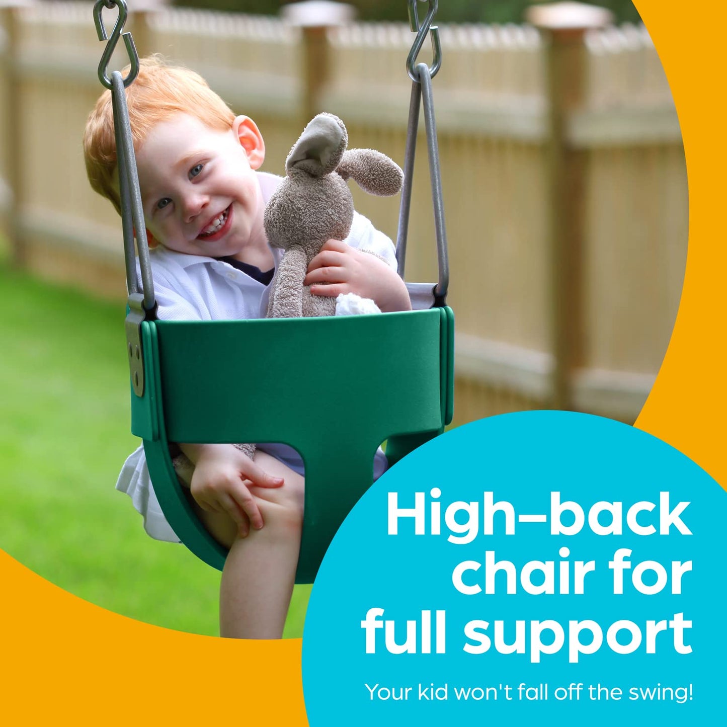 Jungle Gym Kingdom Baby Swing Outdoor - Heavy Duty Toddler Swing Set Accessories, High Back, Full Bucket Seat with Coated Chains for Outdoor Use - Fully Assembled - Green