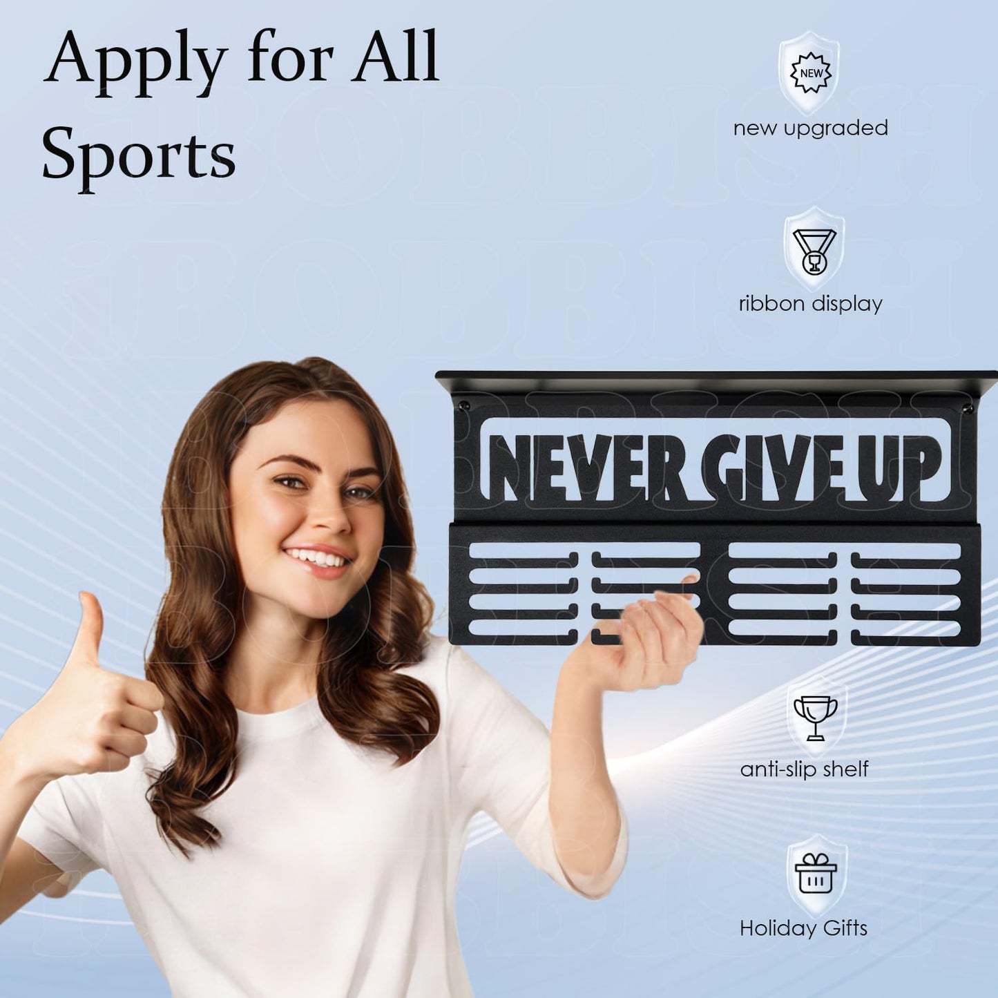 iBobbish Non-Slip Medal Hanger Display Trophy Shelf,NEVER GIVE UP Medal Hanger Display For Wall with 16inchL 4 Rows,Race Medal Display Upgraded Medal Holder Display For gymanstics,race,soccer,swim